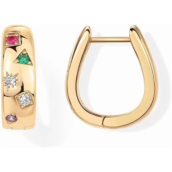 14K Gold Plated Chunky Huggie Earrings for Women Thick Colorful Cubic Zirconia Statement Hoop Earrings Unique Multicolored CZ Tiny Round Earrings Trendy Jewelry