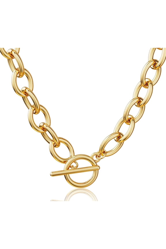 14K Gold Plated Chunky Necklace for Women, Trendy Paperclip Chain Necklace Thick Cross Heart Pendant Necklace Layered Herringbone Cuban Link Chain Toggle Necklaces Non Tarnish Jewelry