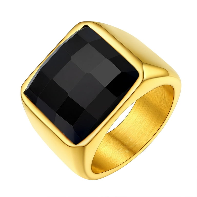 FindChic Mens 14K Gold Plated Signet Rings Black Gemstone Thumb