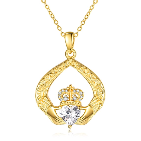 14K Gold Plated Claddagh Necklace for Women Sterling Silver Irish Celtic Knot CZ April Birthstone Necklace Women Celtic Pendant Jewelry Catholic Religious Irish Birthday Gifts for Women