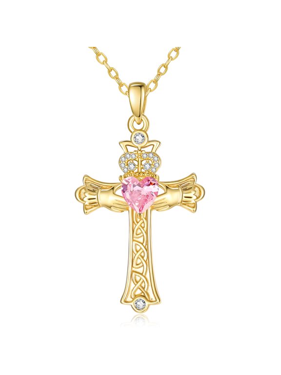 14K Gold Plated Claddagh Necklace for Women Sterling Silver Irish Celtic Cross Pink Tourmaline October Birthstone Necklace