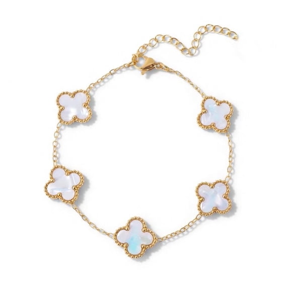 14K Gold Plated Clover Bracelets for Women - Flower Four Leaf Clover Bracelet - Mother of Pearl Gemstone Lucky Flower Design - Adjustable