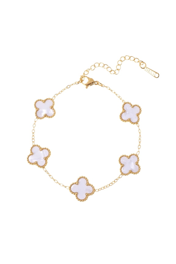 14K Gold Plated Clover Bracelets for Women - Flower Four Leaf Clover Bracelet - Mother of Pearl Gemstone Lucky Flower Design - Adjustable