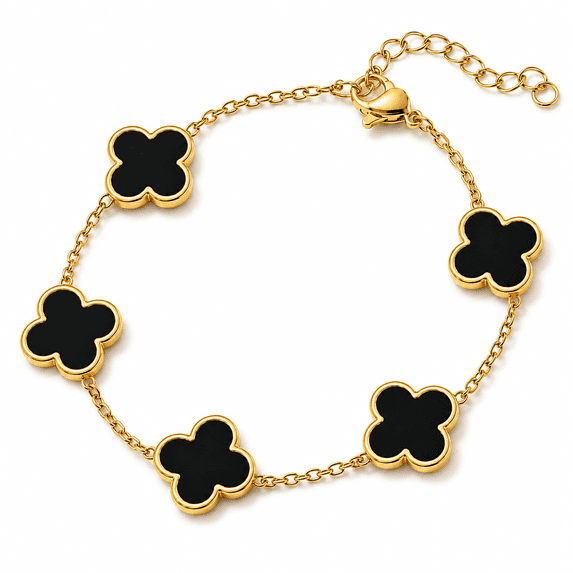 14K Gold Plated Clover Bracelets for Women - Flower Four Leaf Clover Bracelet-Onyx Gemstone Lucky Flower Design - Adjustable