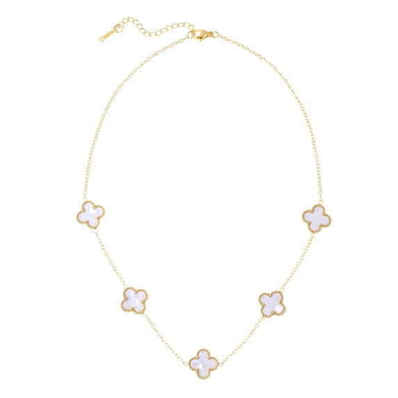 14K Gold Plated Clover Necklace for Women - Flower Four Leaf Clover Bracelet - Mother of Pearl Gemstone Lucky Flower Design - Adjustable