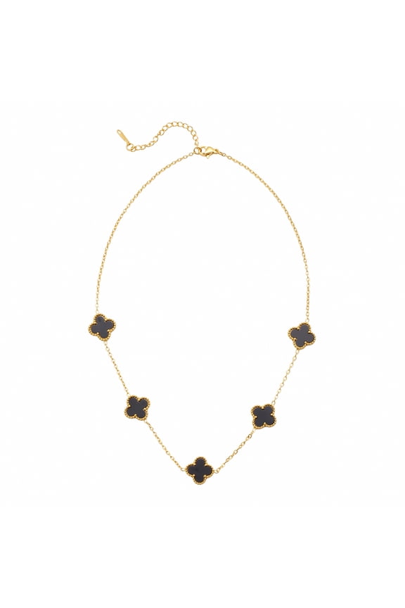 14K Gold Plated Clover Necklace for Women - Flower Four Leaf Clover Bracelet - Onyx Gemstone Lucky Flower Design - Adjustable