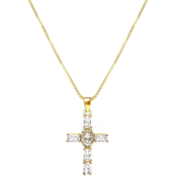14K Gold Plated Colorful Gemstone-encrusted Cross Pendant Necklace for Women, Zirconia Cross Faith Pendant Necklaces