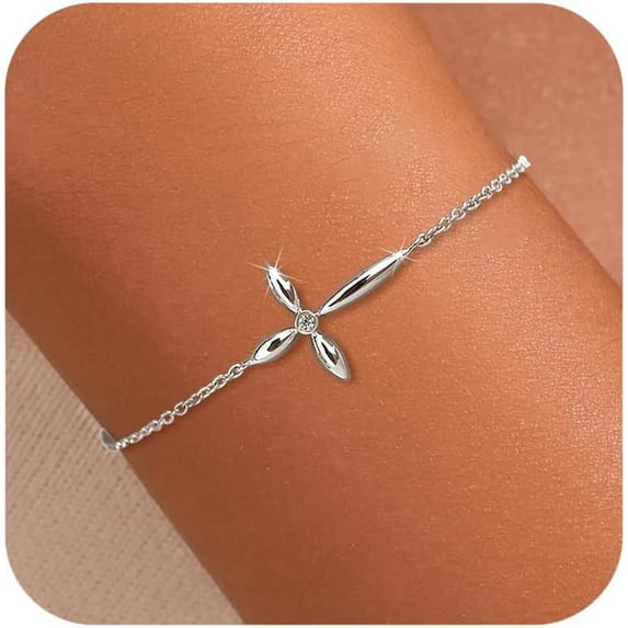 14K Gold Plated Cross Bracelets for Women Mother Daughter 925 Sterling Silver Diamond Cubic Zirconia Link Chain Bracelet Stack Friendship Charm Bracelet Christian Jewelry Christmas Gifts
