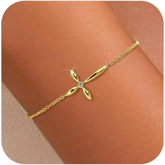 14K Gold Plated Cross Bracelets for Women Mother Daughter 925 Sterling Silver Diamond Cubic Zirconia Link Chain Bracelet Stack Friendship Charm Bracelet Christian Jewelry Christmas Gifts