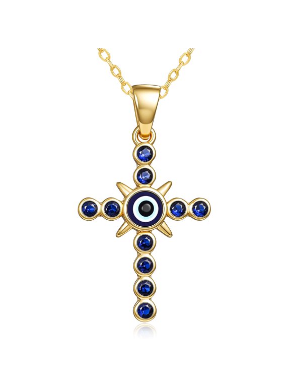 14K Gold Plated Cross Evil Eye Necklace for Women