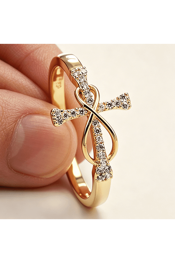 14K Gold Plated Cross Heart Ring Mobius Infinity Cubic Zirconia Ring's for Women Inspirational Pray Religious Christian Faith CZ Eternity Wedding Band Jewelry Gifts for Her Size 6-10(7#)