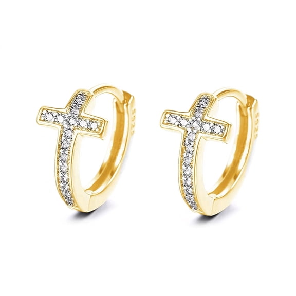 Amy and Annette 14K Gold Plated Cross Huggie Earring with Genuine Crystals