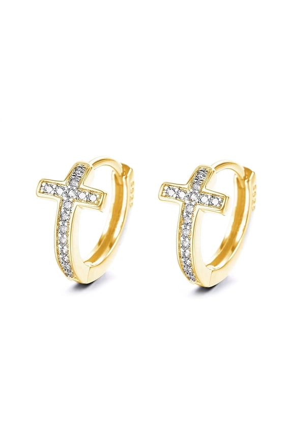 14K Gold Plated Cross Huggie Earring with Genuine Crystals