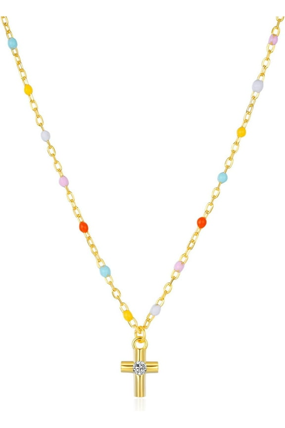 14K Gold-Plated Cross Necklace for Women | Colorful Beaded Mini Cross Pendant Necklace | Sterling Silver Placed Non-Tarnish Christian Faith Jewelry | Ideal Gift for Easter, Baptism, Communion