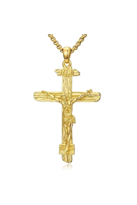 Jesus Crucifix Necklace for Men Women, 14K Gold Plated Cross with INRI, Patron Saint of Redemption, Catholic Gift