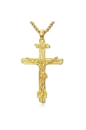 Jesus Crucifix Necklace for Men Women, 14K Gold Plated Cross with INRI, Patron Saint of Redemption, Catholic Gift