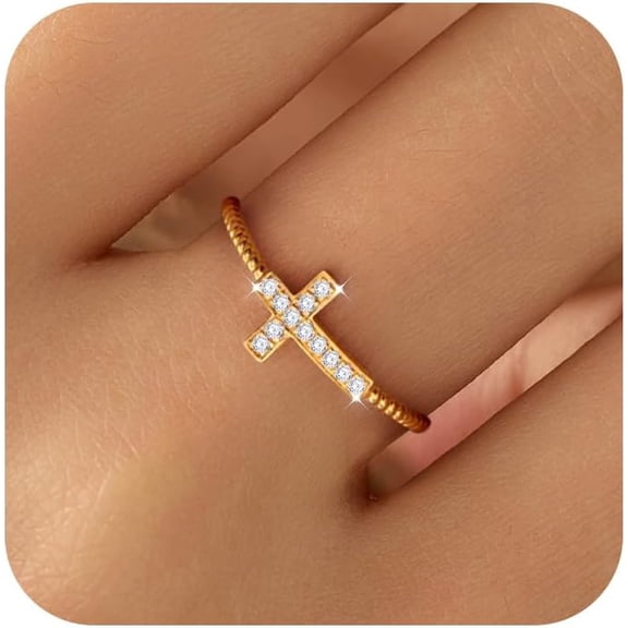 14K Gold Plated Cross Ring for Women 925 Sterling Silver Sideways Diamond Cross Rope Rings to Daughter Mother CZ Twisted Band Eternity Promise Rings Religious Belief Christmas Wedding Jewelry Gifts