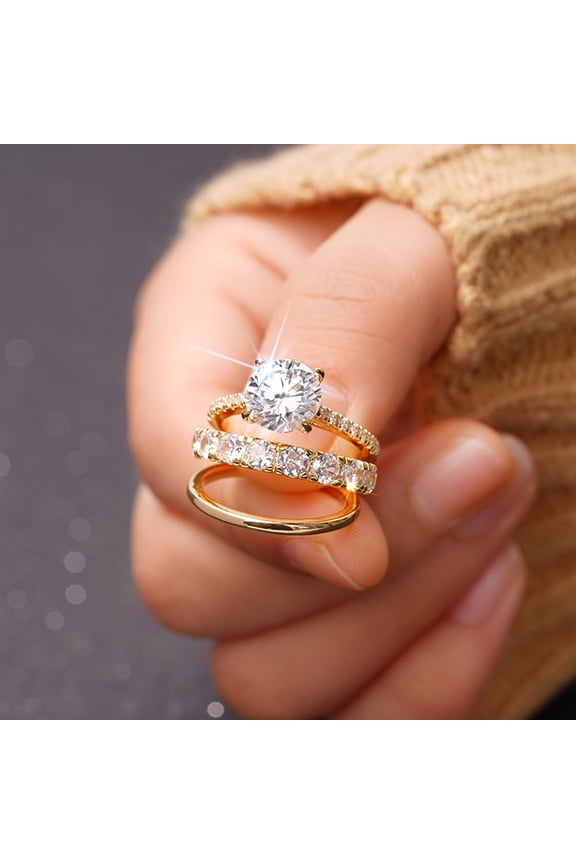 14K Gold Plated Cubic Zirconia 3Pcs Stackable Rings Set for Women's,Wedding Engagement Promise Eternity Band Jewelry Gift for Her Size 6-10(10#)