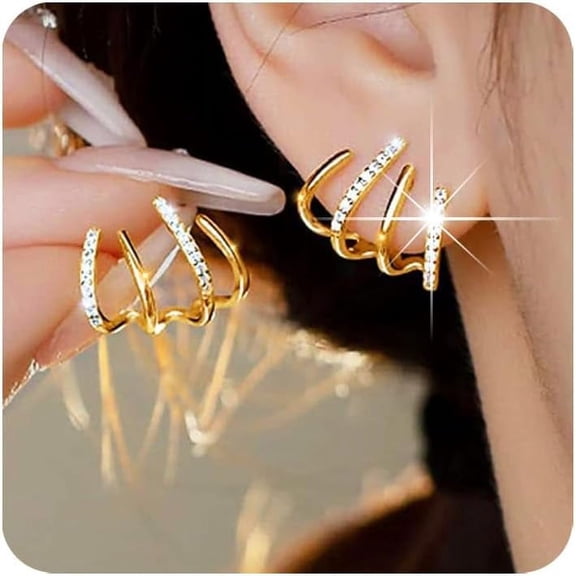 14K Gold Plated Cubic Zirconia Claw Earrings | Sterling Silver Post Half Hoop Earrings For Women[Z3263]