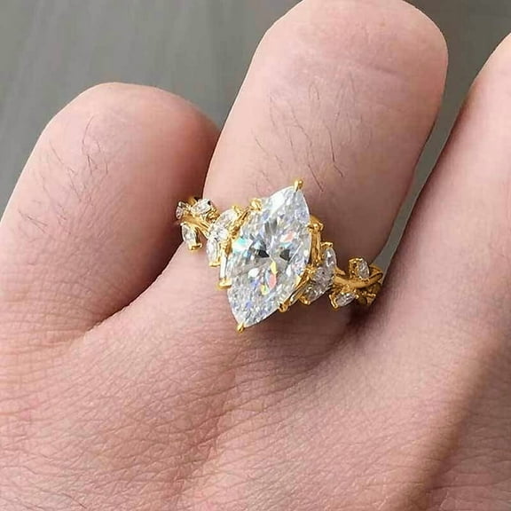 14K Gold Plated Cubic Zirconia Flower Statement Promise Rings for Women, Dainty Solitaire Marquise Cut  Wedding Infinity Promise Bands Engagement Rings Jewelry Gifts for Her Size 7#