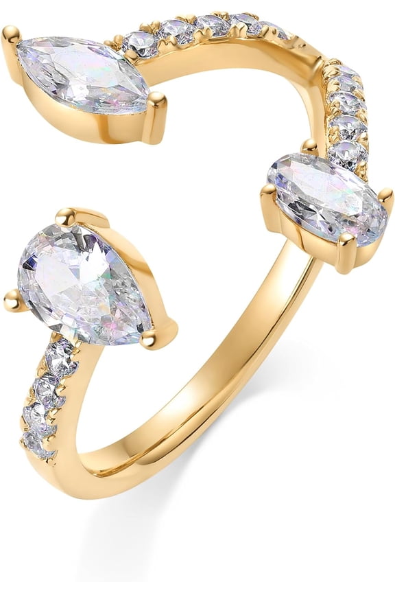 14K Gold Plated Cubic Zirconia Triple Bypass Statement Ring for Women | Open Eternity Bands | Marquise Oval Pear CZ Engagement Stackable Rings