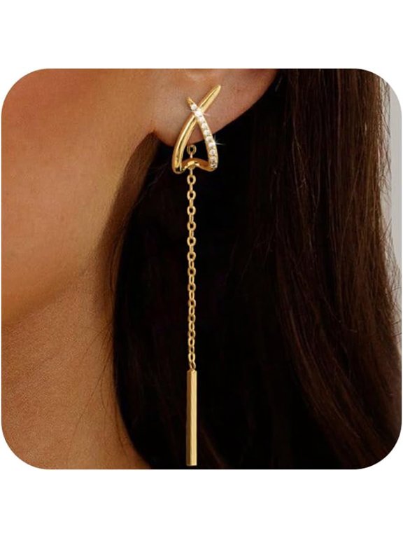 14K Gold Plated Dangle Earrings for Women Chain Dangling Long Earrings Trendy CZ/Twisted X Hoop Studs Dainty Threader Earrings Wedding Hanging Drop Dangly Minimalist Jewelry Gifts for Woman[z3097]