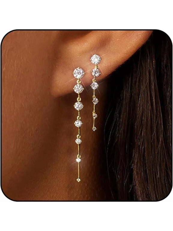 14K Gold Plated Dangle Earrings for Women Dainty Silver Drop Earring Trendy Small Long Dangling Wedding Bridesmaid Hoop Diamond Crystal Cute Earring Jewelry Valentine Gifts