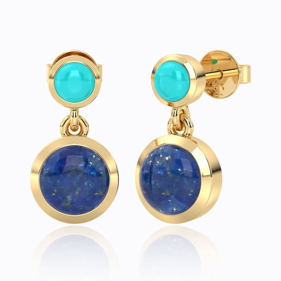 14K Gold Plated Dangle Earrings with Turquoise & Lapis Lazuli | Natural Double Gemstone Drop Studs