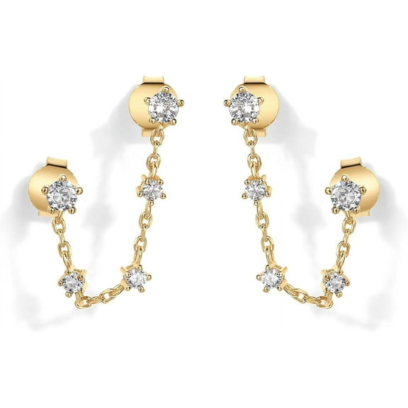 14K Gold Plated Delicate CZ Chain Earrings for Women | Double Piercing Dangle Chain Studs Earrings | Cubic Zirconia Earscapes Earrings