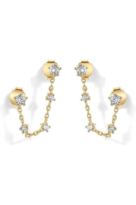 14K Gold Plated Delicate CZ Chain Earrings for Women | Double Piercing Dangle Chain Studs Earrings | Cubic Zirconia Earscapes Earrings