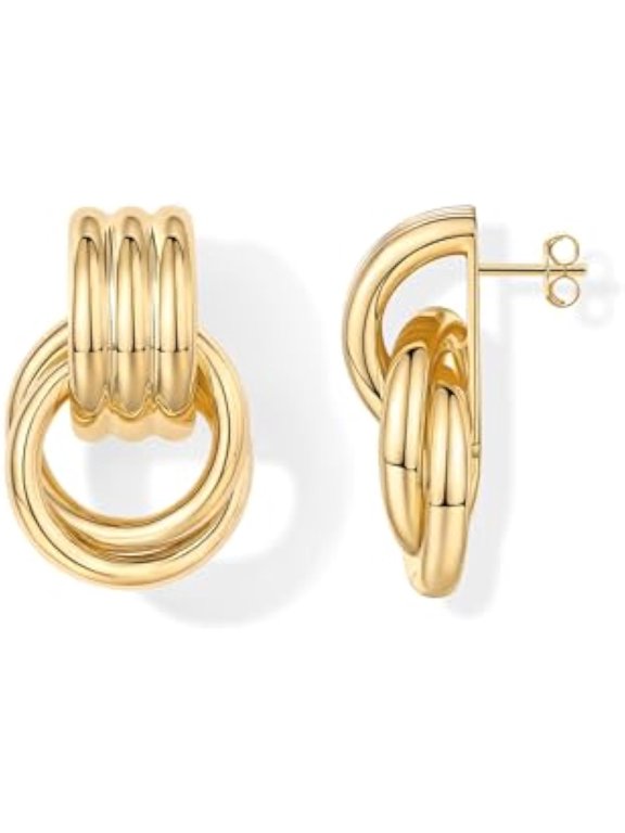 14K Gold Plated Door Ring Earrings - Women's Chunky Gold Earrings - Fashionable Mix-and-Match Metal Bold Knot Pendant Earrings