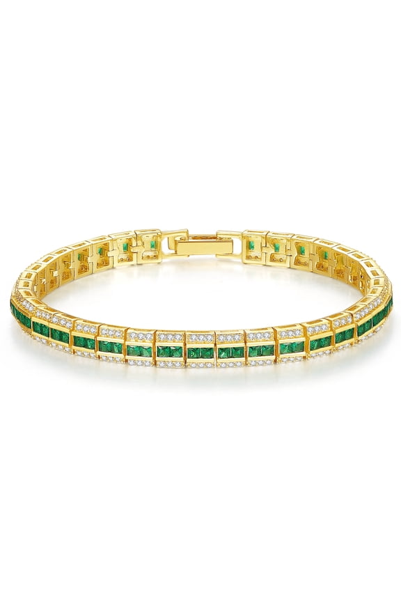 Green Spinel and White Cubic Zirconia Double Row Tennis Bracelet, 14K Gold Plated Hypoallergenic Gifts for Men Women