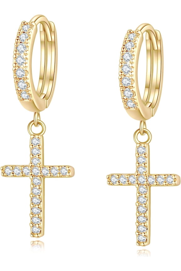 14K Gold Plated Drop Dangle Cross Hoop Earrings Trendy Gold Cross Earrings for Women Small CZ Huggie Hoops Dangling Diamond Cross Earrings for Men Hypoallergenic Lightweight