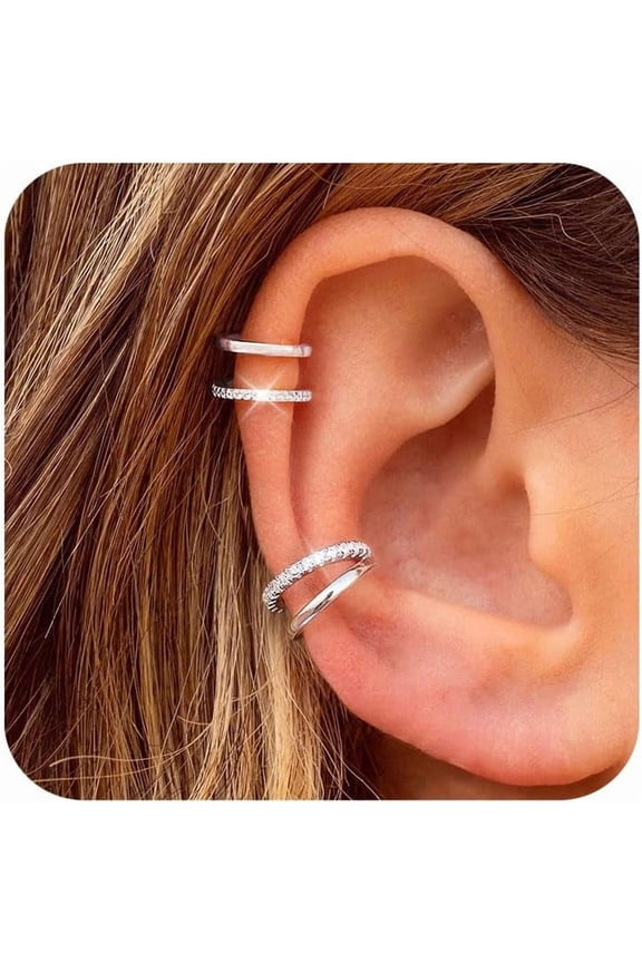 14K Gold Plated Ear Cuff Earrings for Women Non Piercing 925 Sterling Silver Double Band Cubic Zirconia Ear Cuffs Hypoallergenic Clip On Cartilage Trendy Jewelry Gifts[d957]