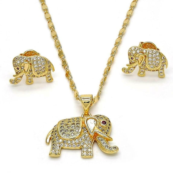 14K Gold Plated Earring & Pendant Set Elephant Design / Cz & 19.5" Chain