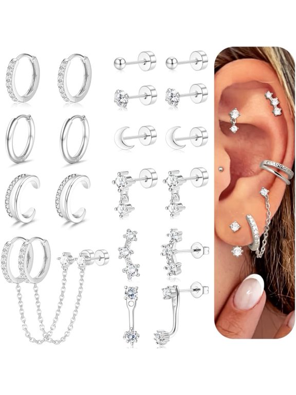 14K Gold Plated Earrings for Women Hypoallergenic 20G Surgical Stainless Steel Flat Back Stud Earrings Dainty Stackable Earring Stacks Small Cartilage Earring Sets for Multiple Piercing