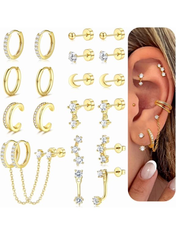 14K Gold Plated Earrings for Women Hypoallergenic 20G Surgical Stainless Steel Flat Back Stud Earrings Dainty Stackable Earring Stacks Small Cartilage Earring Sets for Multiple Piercing