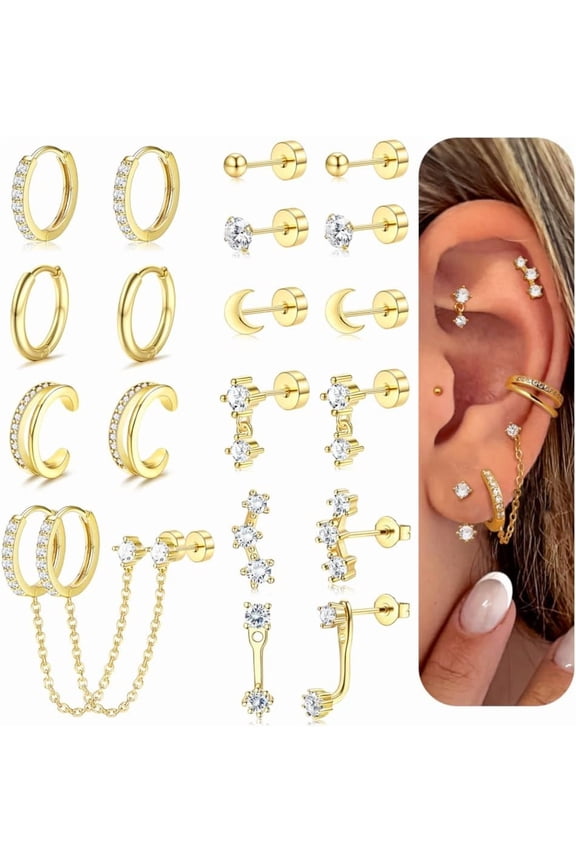 14K Gold Plated Earrings for Women Hypoallergenic 20G Surgical Stainless Steel Flat Back Stud Earrings Dainty Stackable Earring Stacks Small Cartilage Earring Sets for Multiple Piercing