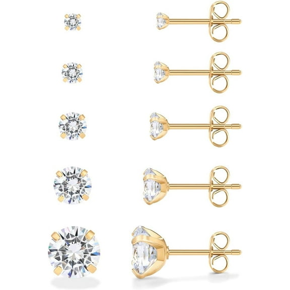 14K Gold Plated Five Pairs Stainless Steel Stud Earrings Set for Women | Hypoallergenic 5 Earrings Pack | Premium Cubic Zirconia Studs