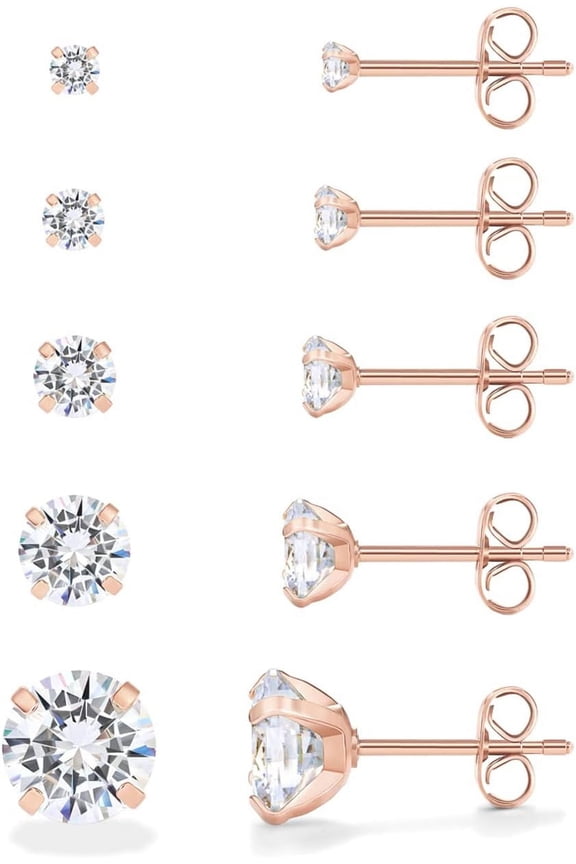 14K Gold Plated Five Pairs Stainless Steel Stud Earrings Set for Women,Hypoallergenic 5 Earrings Pack,Premium Cubic Zirconia Studs