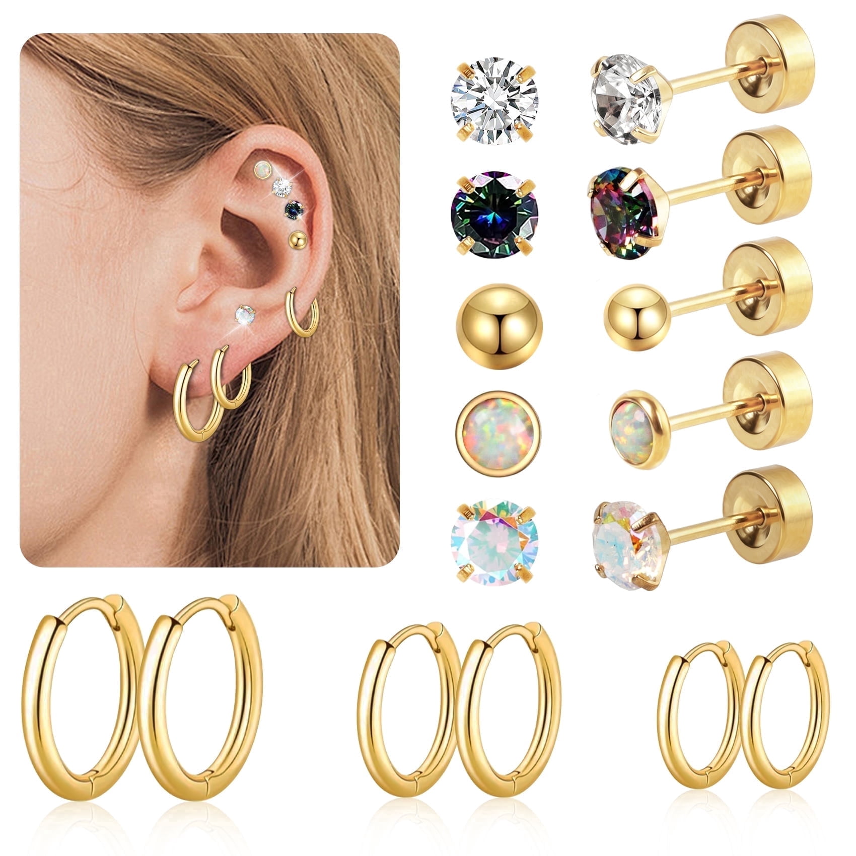 14K Gold Plated Flat Back Earrings - 8 Pairs Hypoallergenic Surgical ...
