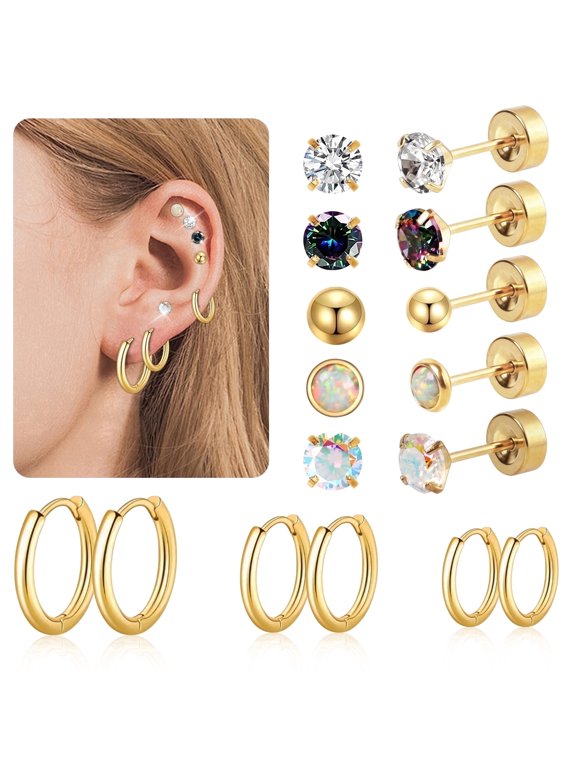 14K Gold Plated Flat Back Earrings - 8 Pairs Hypoallergenic Surgical Stainless Steel Stud Hoop Earrings for Women Cute Stud Earring Set Small Huggie Hoops Cartilage Earring Stacks