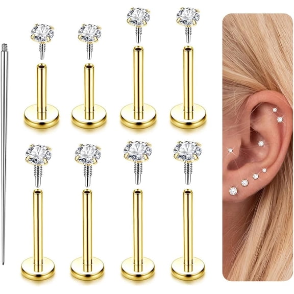 14K Gold Plated Flat Back Stud Earrings - 316L Surgical Steel Internal Thread CZ Piercing Jewelry for Tragus Helix Cartilage Conch Nose Hypoallergenic Lip Labret Medusa 16G 18G 16G-2/2.5/3/4mm CZ-14K