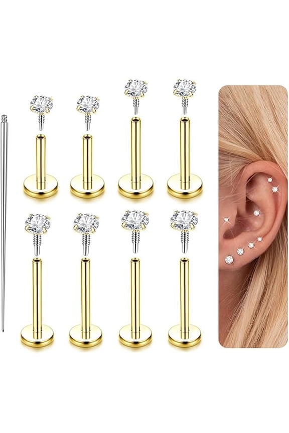 14K Gold Plated Flat Back Stud Earrings - 316L Surgical Steel Internal Thread CZ Stud Piercing Jewelry for Tragus Helix Cartilage Conch Nose Hypoallergenic Lip Monroe Labret Medusa Piercing 16G 18G