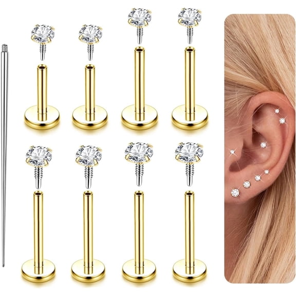 14K Gold Plated Flat Back Stud Earrings - 316L Surgical Steel Internal Thread CZ Stud Piercing Jewelry for Tragus Helix Cartilage Conch Nose Hypoallergenic Lip Monroe Labret Medusa Piercing 16G 18G