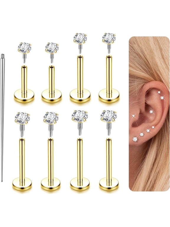 14K Gold Plated Flat Back Stud Earrings - 316L Surgical Steel Internal Thread CZ Stud Piercing Jewelry for Tragus Helix Cartilage Conch Nose Hypoallergenic Lip Monroe Labret Medusa Piercing 16G 18G