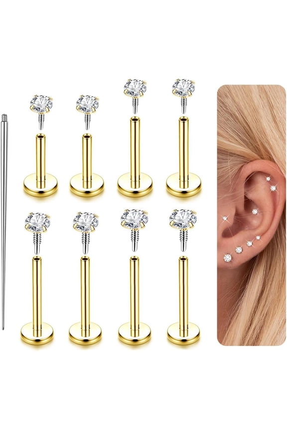 14K Gold Plated Flat Back Stud Earrings, 316L Surgical Steel Internal Thread Piercing Jewelry