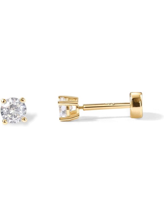 14K Gold Plated Flat Back Stud Earrings for Women, 3mm Cubic Zirconia Studs