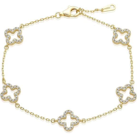 14K Gold-Plated Four-Leaf Clover Tennis Bracelet, Lucky Four-Leaf Connection Bracelet, a Fashionable Jewelry Suitable for Women's Daily Wear, Dates and Special Occasions