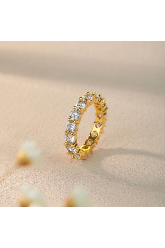 14K Gold - Plated Full Diamond White Zircon Eternity Ring - Timeless Elegance (Size 7)（A）
